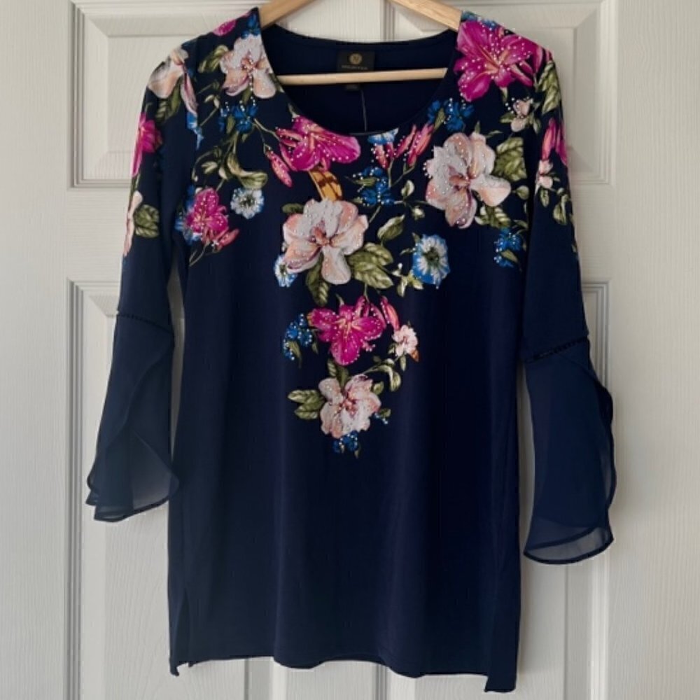 JM Collection Floral Chiffon Blouse XS – Angel Sleeves Navy Pink Floral NWT - Picture 2 of 13